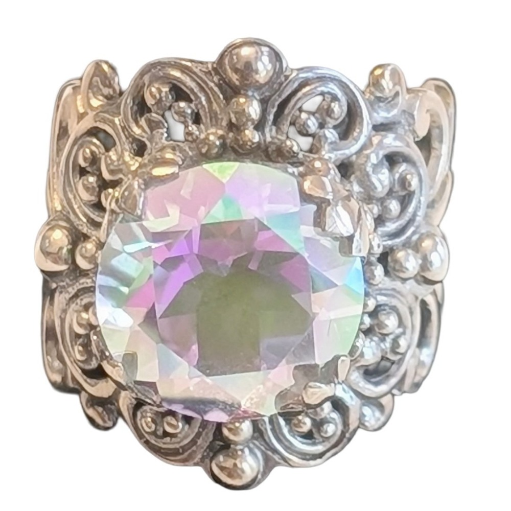Sarda Bali Sterling Silver 925 Round Rainbow Mystic Quartz Filigree Ring Size 7